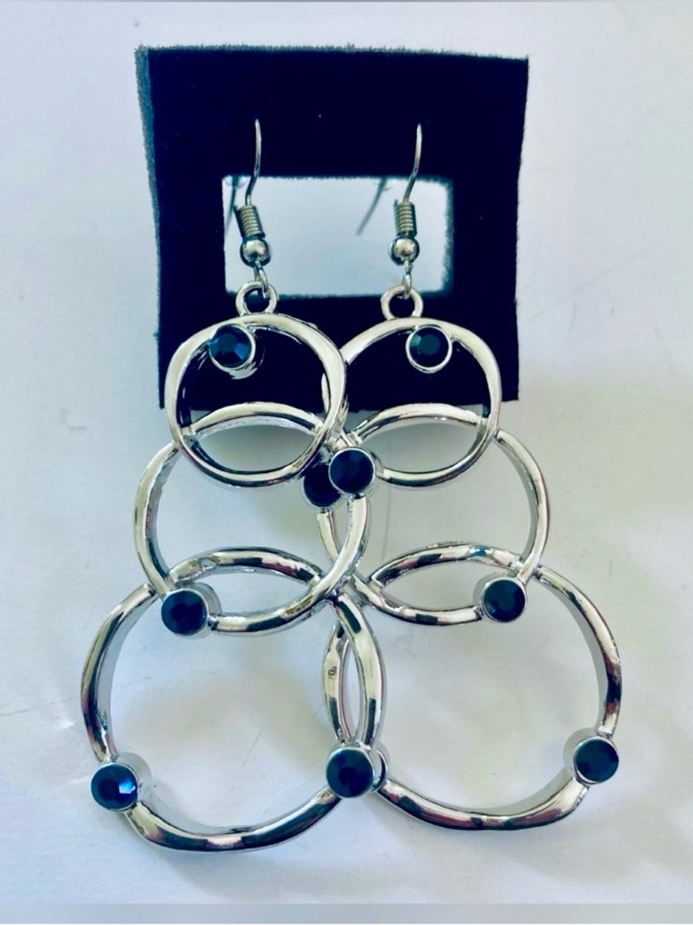 Silver-Tone Multi Hoop Dangle Earrings with Dark Blue Stone Accents